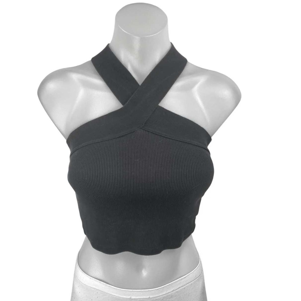 Oak and Fort Small Refined Ribbed Halter Crop Top Black NWT